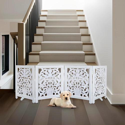 Goroly Home Foldable Carved Wooden Dog Gate with Stopper - Freestanding Indoor Pet Barrier for Home, Adjustable Dog Fence for Stairs, Doorways & Hallways - 24x18 Inch Antique White (4 Panels)
