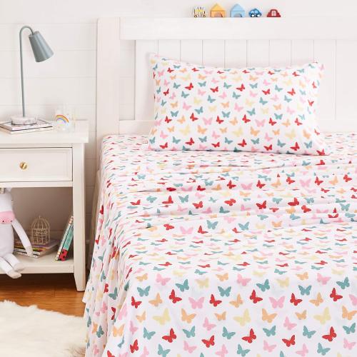 Amazon Basics Kid's Soft Easy-Wash Microfiber 3-Piece Sheet Set, Twin, Multi-Color Butterflies, Butterfly Friends, Printed