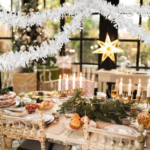 33ft /10m Snowflake Christmas Tinsel Garland White Metallic Twisted Hanging Garland with Star for Chistmas Tree Fireplace Home Decoration