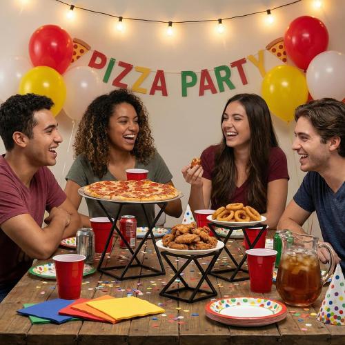 MyGift Pizza Racks, Set of 3 Food Risers for Buffet Table, Twisting Geometric Matte Black Metal Stackable Pizza Risers for Party, Family, Wedding