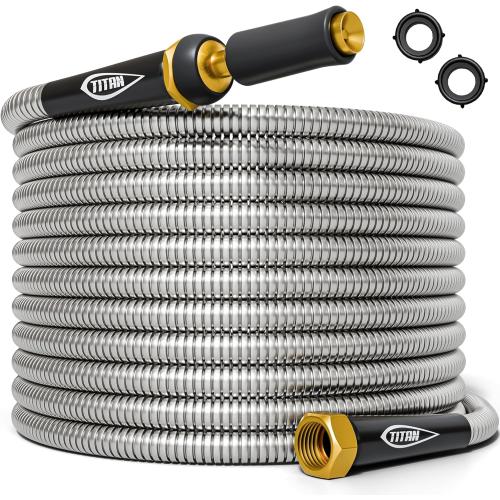TITAN Garden Hose 25FT - 304 Stainless Steel Metal Water Hose, Flexible, Kink-Free, Lightweight, Durable, Crush Resistant Fittings, Easy to Coil, 500 PSI
