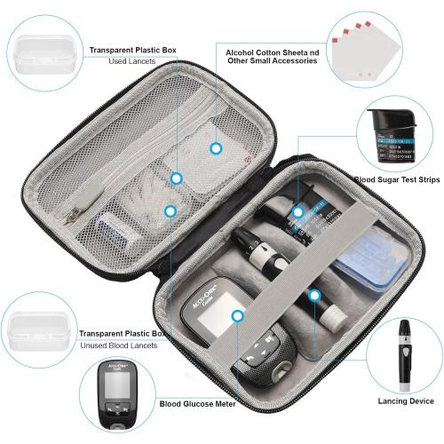 Hard Diabetes Travel Case for Accu-Chek/One Touch, Glucose Monitor Case for CareSens N for Glucose Meter, Insulin Pen, Blood Sugar Test Strips, Syringe, Needles and More Kits (Black)