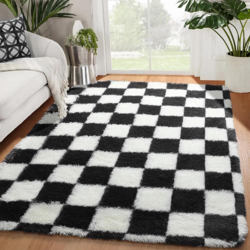 Area Rugs for Bedroom Living Room, (96cm x 121cm) Black and White Fluffy Soft Checkered Rug Fuzzy Shag Shaggy Carpet, Indoor Plush Floor Rugs for Kids Boys Girls Teen Dorm Nursery Home Decor Aesthetic