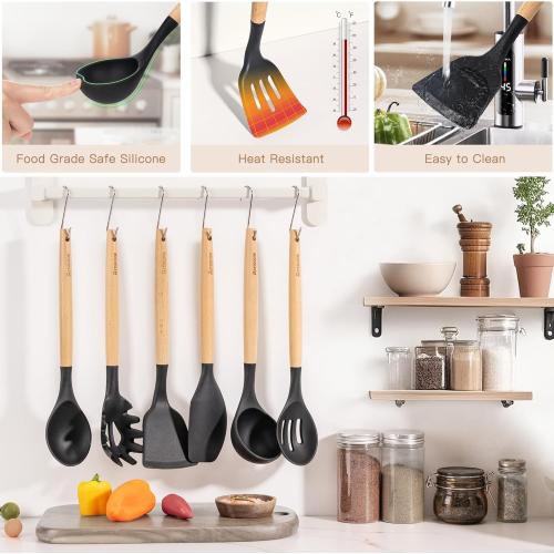 Astercook 39 PCS Kitchen Utensils Set, Silicone Cooking Utensils Set with Wooden Handle, 446°F Heat Resistant Food Grade Utensil Sets, BPA Free Kitchen Gadgets Tools Set for Nonstick Cookware (Black)