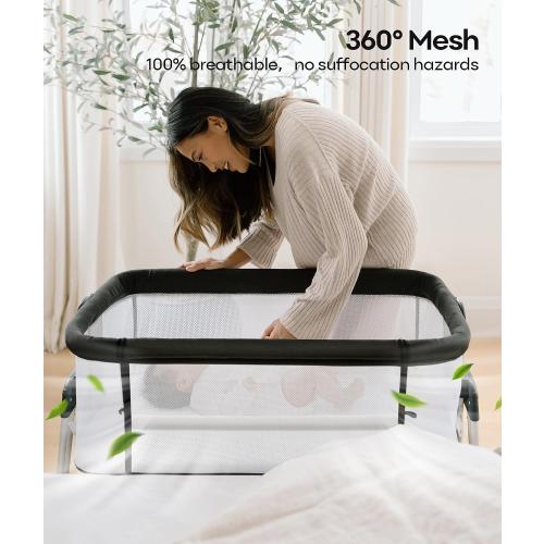 Fodoss Baby Bassinet Bedside Sleeper with Wheels and Storage Tray,4-Sided Mesh Bedside Bassinet for Infant/Newborn,7 Height Adjustable Easy Folding Bedside Crib