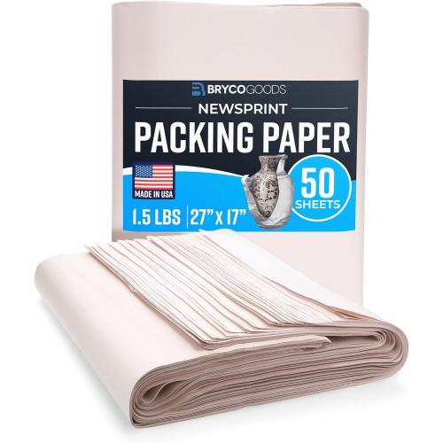 Bryco Goods Newsprint Packing Paper Sheets for Moving - 1.5lb - 50 Sheets of Newspaper Paper - Wrapping and Protecting Fragile Items, Box Filler, Shipping Supplies - 27 x 17 - Made in the USA