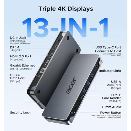 Acer Premium 13-in-1 Docking Station with 110W PD & Triple Monitor Support | Dual 4K HDMI and DP,5Gbps USB A/C,Gigabit Ethernet,Security Lock | Laptop Docking Station for Windows/Dell/HP/Lenovo/Asus