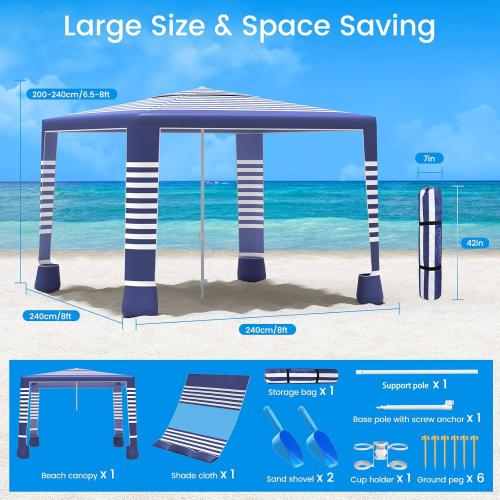 MoKo Beach Cabana, 8'×8' Large Beach Canopy with Side Wall, UPF 50  Protection Easy Setup Beach Tent Sun Shelter, Adjustable Height Wind Resistant Cabana Beach Tent for Whole Family, Navy Stripes