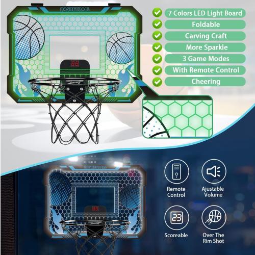 Indoor Basketball Hoop for Kids with Led Lights Mini Basketball Hoop with Remote Control Over The Door Basketball Hoops with Scoreboard Basketball Toys for 4-12 Year Old Boys Girls