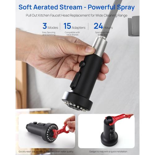 J-HVA Pull Down Kitchen Faucet Sprayer Head Replacement Part, 3 Function with 15 Adapters Pull Out Sink Sprayer Replacement Nozzle, Kitchen Faucet Head Hose Spray Tap Spout, Matte Black