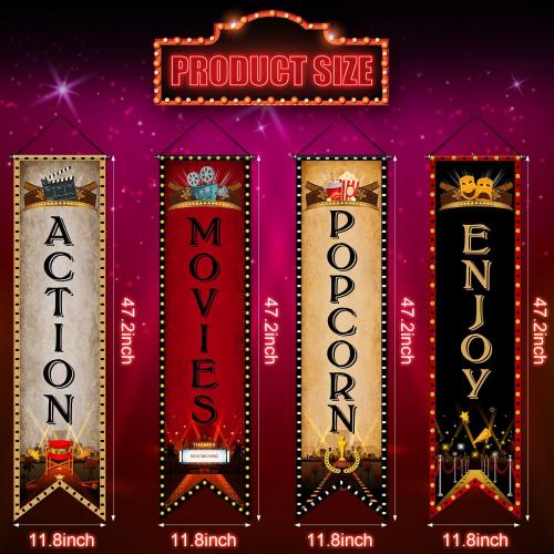 Blulu 4 Pcs Movie Night Porch Sign Banner Movie Theme Party Decoration Now Showing Banner Theater Night Popcorn Enjoy Action Hanging Porch Sign for Home Camera Film Backdrop Party Supples