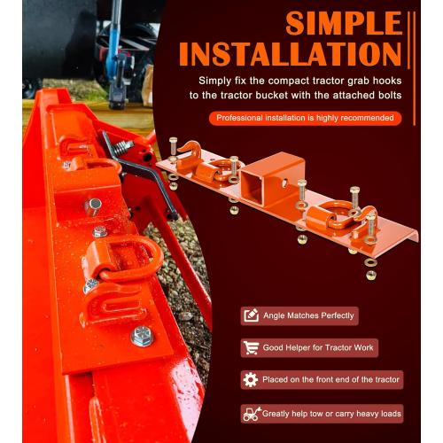 Bonbo Tractor Grab Hooks Compatible with Kubota Tractors - Bolted on Compact Tractor Bucket Grab Hooks with D Rings and 2 Receiver, Orange