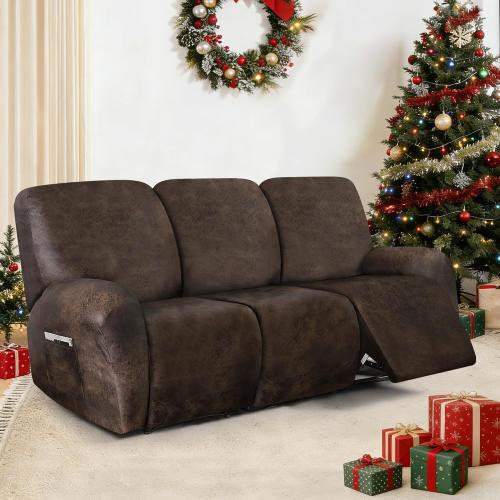 ANARACHON Leather Look Recliner Couch Cover, 8-Pieces Stretch Recliner Sofa Covers, Soft Reclining Slipcover, Washable Furniture Protector for Pets (3 Seater, Brown)