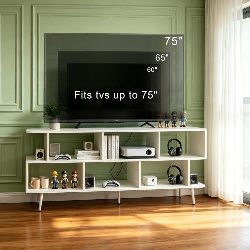 65 White TV Stand with Power Outlet for TVs up to 75, Large Entertainment Center with 8 Open Shelves,Media Console Table for Living Room/Entrance/Kitchen/Sofa Cabinet, Easy Assembly
