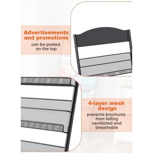 Black Baoz Magazine Rack Floor-Standing 4-Layer, Brochure Display Stand, Detachable Magazine Display with Wheels, High-hardness Metal Magazine Holder for Exhibitions, Office, Shopping Malls