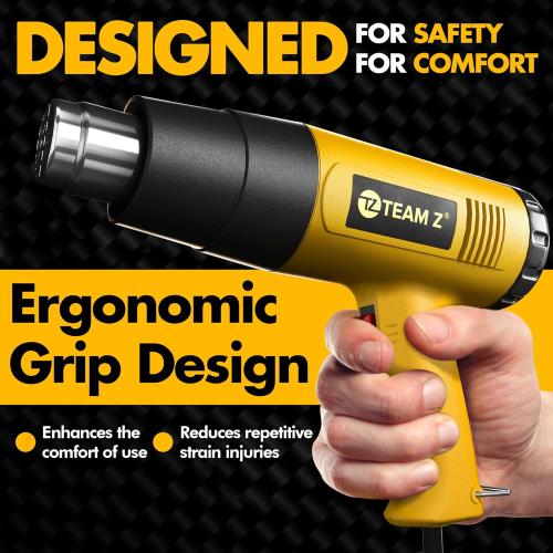 Team Z 1800W Heat Gun Kit 212°F to 1112°F(Only °F)- Fast Heating Heavy Duty Hot Air Gun, LCD Display, Overload Protection with 4 Nozzles for Shrink Wrap, Soften Paint, Bend Plastic Pipes and More