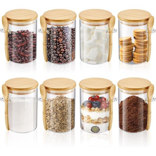 Tessco for you 8 Pack Sugar Jar Glass Container with Spoon Clear Glass Jars with Bamboo Lid and Spoon Scoop for Women Christmas Kitchen Gift Coffee Beans, Spice, Sugar, Nuts, Candy, Salts (17 oz)
