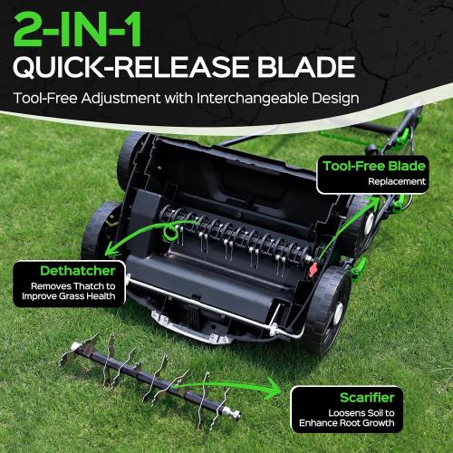 2025 Upgrade 16-Inch 15.5 Amp 2-in-1 Electric Dethatcher and Scarifier with 14.5-Gallon Collection Bag, Lawn Dethatcher with 5-Position Depth Adjustment, Keeps Lawn Healthy – Light Green