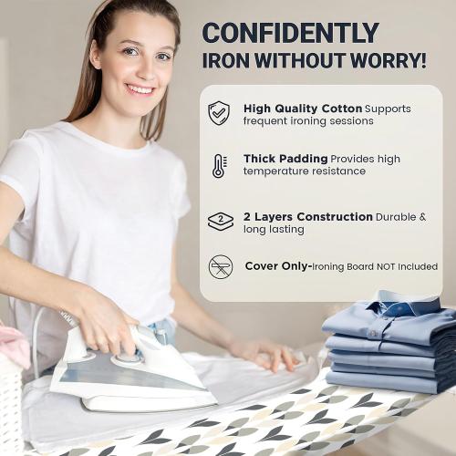 UniSimp Ironing Board Cover and Pad 12.5x30 Extra Thick Natural Cotton, Scorch and Stain Resistant Padding, Standard Size Iron Board Cover with Fasteners Heavy Duty Elastic Edge, Heatproof Foliage
