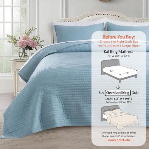 Oversized King Quilt Set 112x106 – Soft Washed 3-Layer Lightweight California King Bedspread, Minimalist Nordic Design, All-Season Spring & Summer Quilt Set (1 Quilt   2 Pillow Shams), Blue