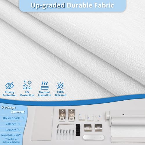 Smart Motorized Blinds with Remote, Cordless No-Drill Automatic Roller Shades, Blackout Electric Blind for Windows, White, 34 x 72
