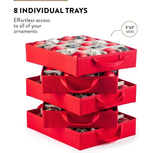 ZOBER Christmas Ornament Storage Box - Stores 200 3 Ornaments with Individual Trays - Tear Proof 600D Oxford Fabric - ornament organizer storage box (Red, 200-3 Ornaments)