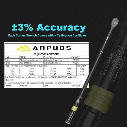 ANPUDS 3/4 Click Torque Wrench, 100-800 Ft-Lb/135.5-1084 Nm, Heavy Duty | ±3% Accuracy, 48-Tooth Quick Release, Cr-V Steel, Dual-Direction, for Semi Truck, Tractor, Diesel, Construction & Mining
