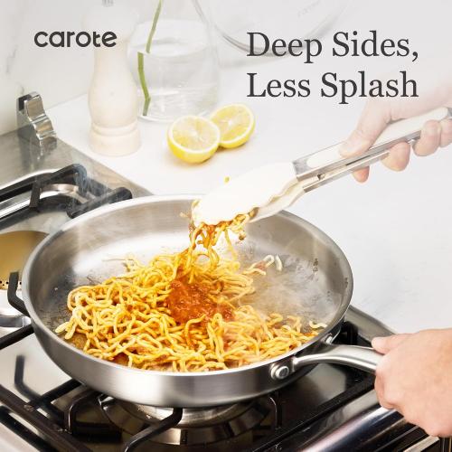 CAROTE 7-Piece Tri-Ply Stainless Steel Frying Pan Set, Skillet Set 8/10/12, Induction Compatible, Oven & Dishwasher Safe, bronze Handle ?❗ no lid