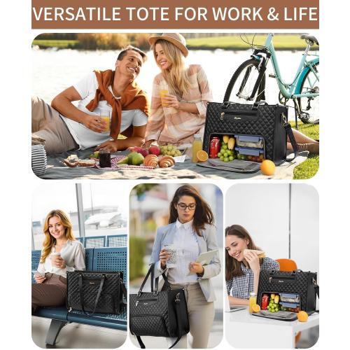 Lunch Tote Bag for Women, 15.6 Inch Laptop Work Bag with Insulated Lunch Box Compartment & Purse Large Capacity Quilted Computer Handbag for Office Business Work Nurse Teacher Travel Casual