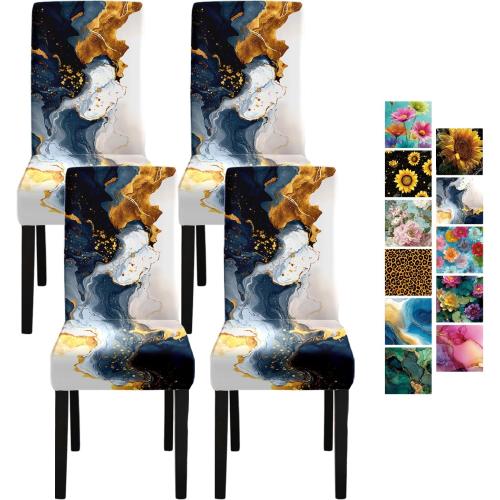Luxury Marble Chair Covers Set of 4 – Navy Blue Gold Abstract Pattern Stretch Dining Chair Slipcovers Washable Universal Seat Protectors for Kitchen, Banquet, Party, Hotel, Home Decoration