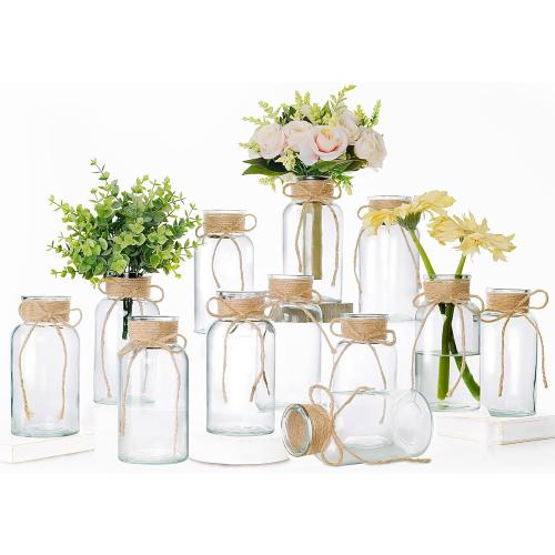 Set of 12 Vintage Glass Vases for Flowers Farmhouse Clear Glass Vases for Centerpieces Small Flower Vases with Twine Ties for Wedding, Parties & Home Decor