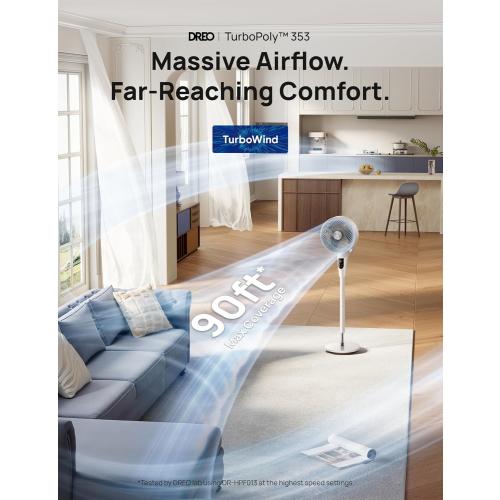 DREO Fan for Bedroom, 2026 Upgraded, 90ft Airflow, 20dB Quiet Fan, 90° Oscillating Standing Fan for Whole Room, DC Motor, 8 H Speeds, 3 Modes, 38-42'' Adjustable Height, 8H Timer, 105° Manual Vertical