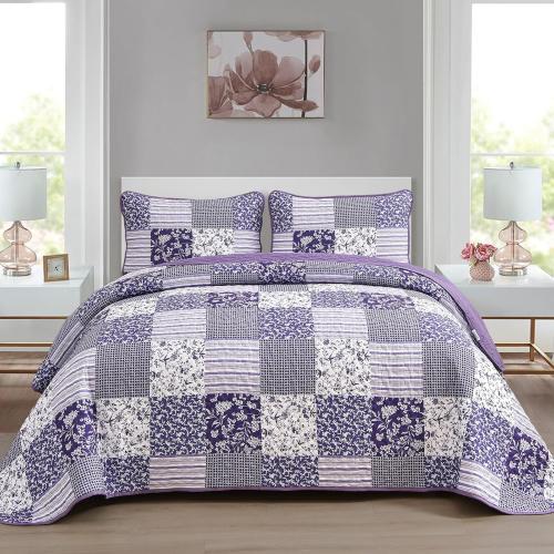Mybedsoul Purple Quilt Set King Size Quilt Bedding Set Brown Plaid,3 Pieces Floral Patchwork Reversible Bedspread Coverlet Set for All Season,Soft Microfiber Bedding Set King 90x104