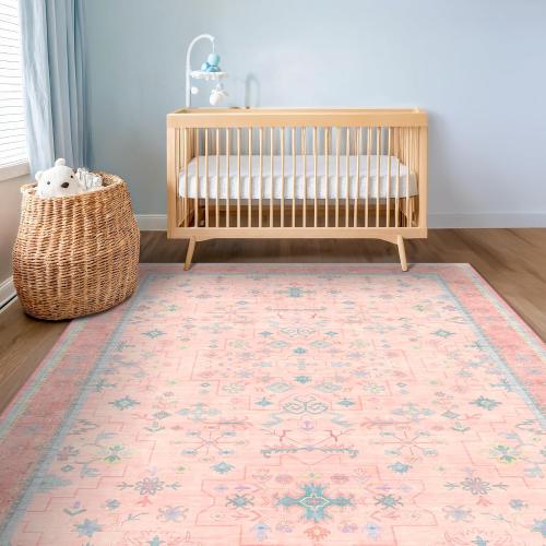 Pink Rugs for Bedroom Girls, 5x7 Washable Area Rug for Living Room Nursery Kids Baby Playroom Indoor Decor, Oushak Floral Vintage Low Pile Boho Non Slip Foldable Carpet