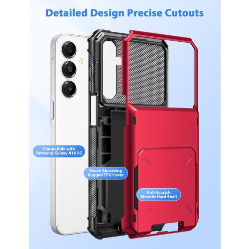 Samsung Galaxy A16 Case Wallet 5 Credit Card Holder ID Slot Flip Cover Wallet Case Back Pocket Protective Hard Rubber Bumper Armor Non-Slip for Samsung Galaxy A16 5G 6.7 inches Women Men Red