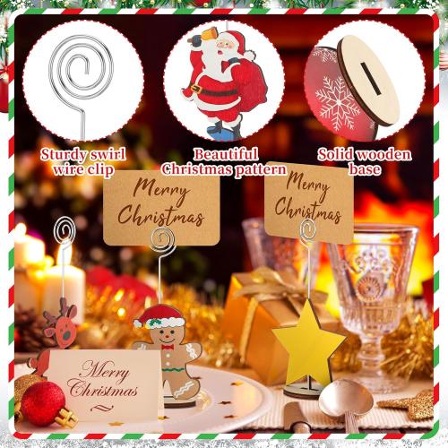 20 Pcs Christmas Wood Place Card Holders Stand Display and 20 Kraft Place Cards Santa Snowman Elk Number Name Photo Picture Clip Holder for Xmas Party Table Decoration(Christmas)