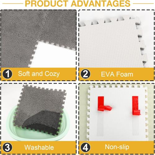 36 Pcs Plush Interlocking Carpet Tiles, Non-Toxic Foam Carpet Tiles for Toddler Baby, Anti-Slip, EVA Foam Interlocking Tiles for Floor, Nursery, Playroom, Grey White Black