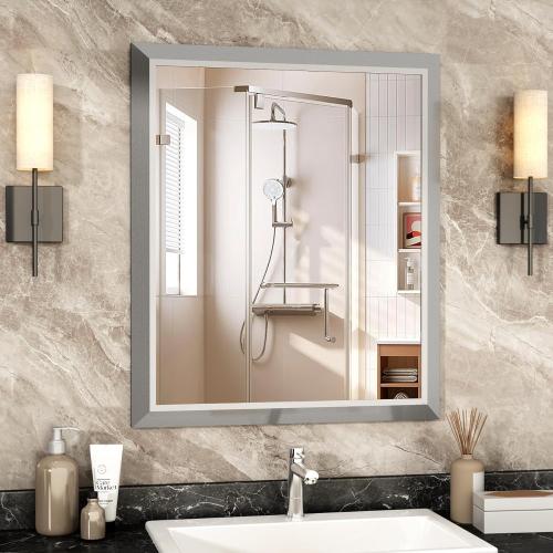 SMIROR Brushed Silver Bathroom Mirror for Over Sink, 36”x 30” Metal Thick Framed Rectangle Vanity Mirror for Wall, Right Angle Corner, Anti-Rust, Horizontally or Vertically Mounted
