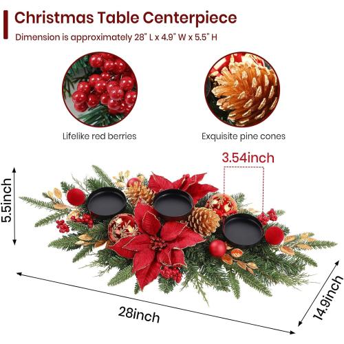 Alupssuc 28 Christmas Centerpiece with 3 Candle Holders Trays,Dining Table Decoration with Baubles, Pine Cones, Red Berries, Spruce Branches, Flower for Indoor Home Party Table Holiday Decor, 2 Pcs