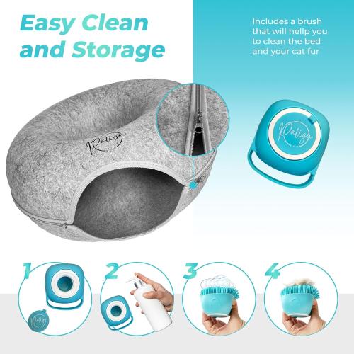 Peekaboo Cat Cave, Cat Tunnel Bed, Premium Cave Donut Tunnel Bed Set with Pet Brushes Bath Massage, Donut Design - Ideal Houses for Indoor by PALIGU & CO (Grey, Medium)