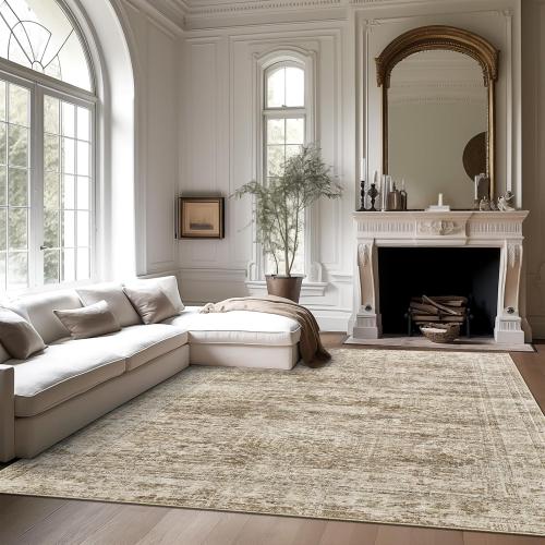 Washable Area Rug 8x10, Large Soft Rugs for Living Room Vintage Area Rugs for Bedroom Dining Room Non-Slip Stain Resistant Brown Under Table Rug