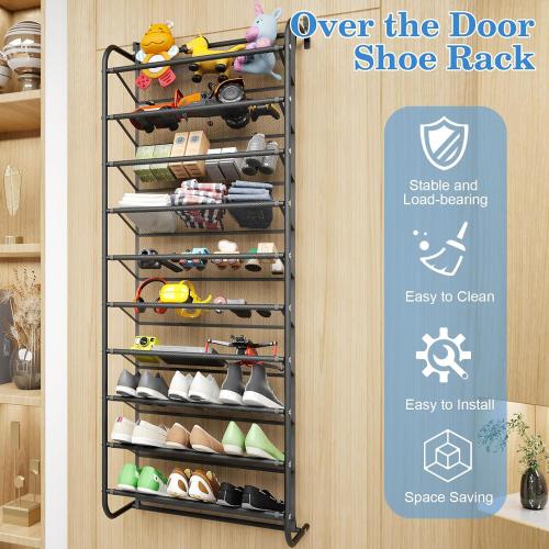 Black AQQHSAIN 10 Tier Over The Door Shoe Organizer Wall Shoe Shelf Shoe Holder Door Shoe Rack for Closet Pantry Hanging Shoes Clothes Toys Storage Shelves (Black)