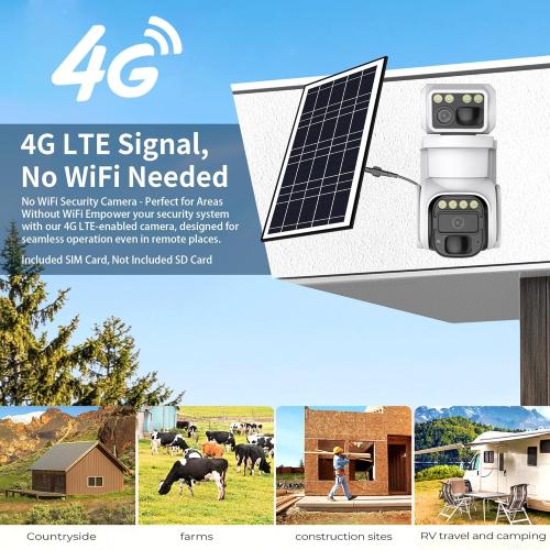 No WiFi Security Camera, 4G LTE Cellular Security Camera, 2K Solar Cellular Cam HD Dual Lens 360° Pan Tilt, Color Night Vision, PIR Motion Detection, IP66 Waterproof with Pre-Installed SIM(White)