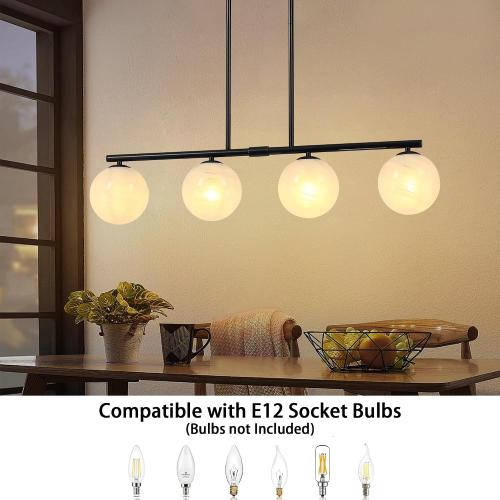 Black Mid Century Globe Sputnik Chandelier Black Island Light Linear Chandelier Milky Art Glass Shade Globe Pendant Light Fixture for Bedroom Living Room Hallway Dining Room Kitchen T720604L-BK