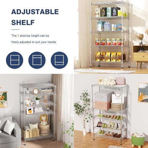 5-Tier Heavy Duty Metal Shelf,Chrome Wire Shelving Unit 35Wx18Dx71H | Height Adjustable Storage Wire Shelves with Lockable Wheels for Garage,Kitchen,Office,Bathroom,Studio
