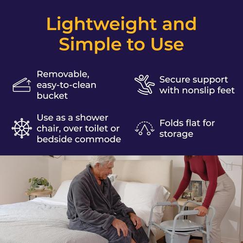 Drive Medical Folding Steel Bedside Commode Chair - Portable 3-in-1 Toilet Solution - Adjustable Height - 7.5 Qt Bucket Included - Durable Powder-Coated Steel Frame - Supports up to 350 Lb