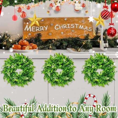 2 Pcs Christmas Boxwood Wreath Artificial 10 Inch Green Leaves for Front Door Cabinets Wreath Indoor Outdoor Wall Decor Christmas Wall Home Kitchen Decoration