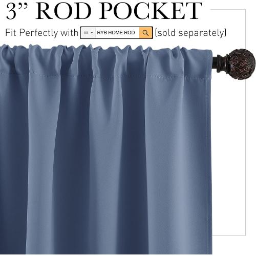 RYB HOME Short Blackout Curtains 36 inches, Solid Heavy Duty Small Window Treatment Room Darkening Privacy Draperies for Basement Bathroom Bedroom, Stone Blue, W42 x L36 inch, 2 Panels