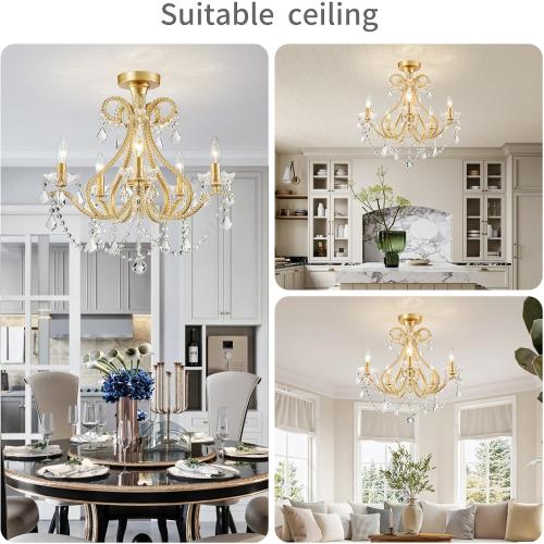 WUZUPS 5-Light Crystal Candle Chandelier Flushmount Ceiling Light Modern Lighting Fixture for Bedroom Hallway Bar Kitchen Bathroom, H 20.9 W 22, E12 Base, Gold