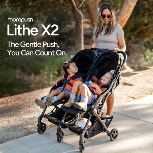 Mompush Lithe Double Stroller for Infant and Toddler, Lightweight Side by Side Twin Stroller, Only 25 lbs, 30-Inch Slim Fit Through Doorways, One-Step Fold, Independent Recline, UPF 50  Canopy